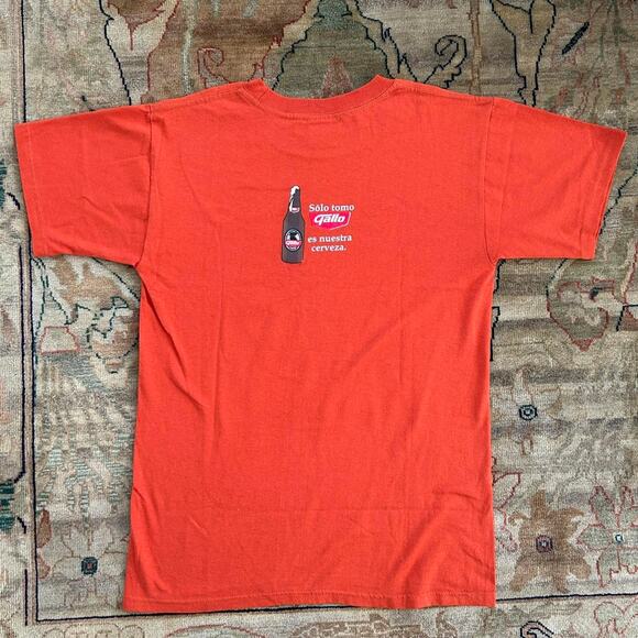 Vintage 90s Spanish Beer T-Shirt Mens S/M Gallo Cervesa Jumamento Orange - Picture 4 of 7
